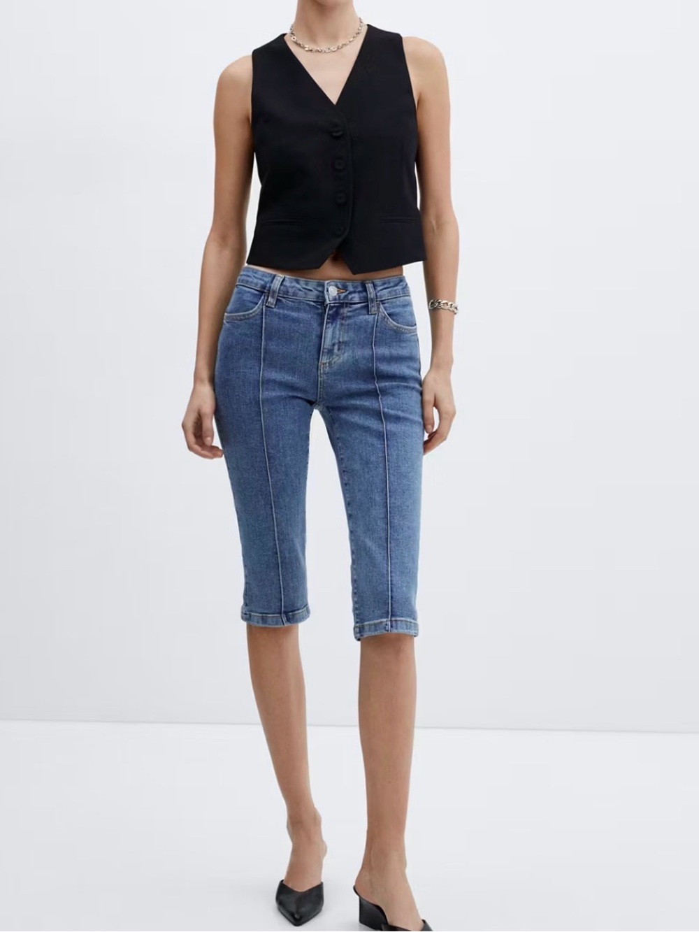 Mango Mid Blue Cropped Seam-Front Capris